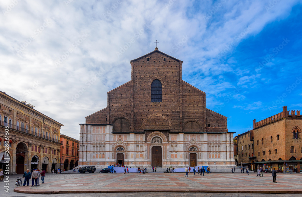 Basilica of San Petronio on Piazza Maggiore in Bologna, Emilia-Romagna, Italy. Architecture and landmark of Bologna. Cityscape of Bologna.