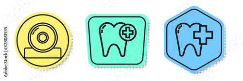 Set line Otolaryngological head reflector, Tooth and Dental clinic for dental care tooth. Colored shapes. Vector