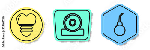 Set line Dental implant, Otolaryngological head reflector and Enema pear. Colored shapes. Vector