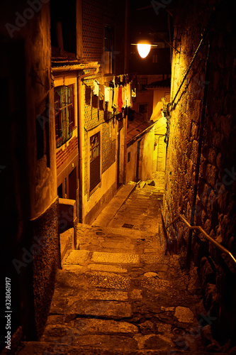 Beautiful Porto night streets in old center   Portugal