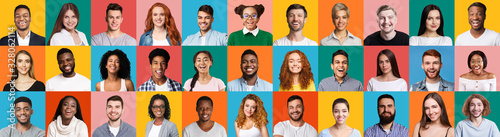 Collage Of Diverse People Portraits On Colorful Backgrounds, Panorama photo