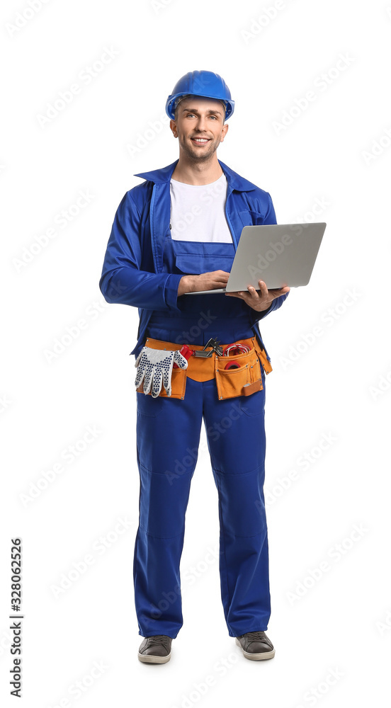 Handsome male worker with laptop on white background Handsome male worker with laptop on white background