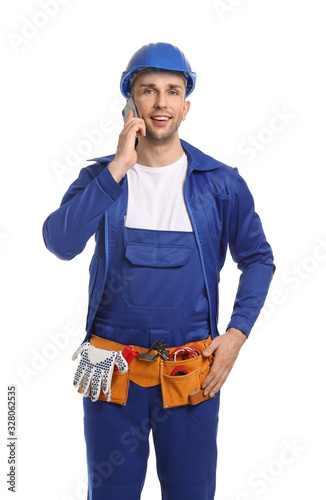 Handsome male worker talkin...