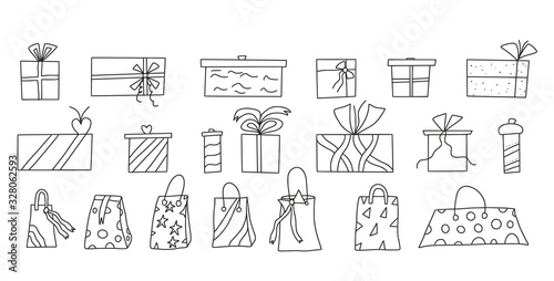 Gift packages set. Vector hand drawn design.
