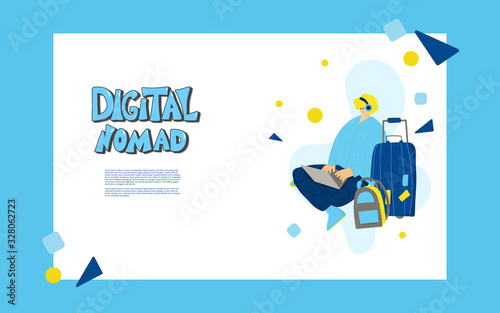 Digital nomand concept. Vector man with plaptop
