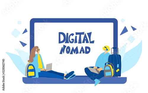 Digital nomand concept. Vector man with plaptop