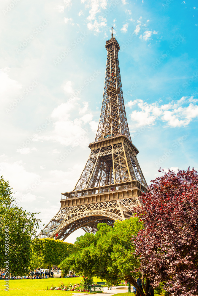 The Eiffel Tower in Paris on a beautiful sunny summer day