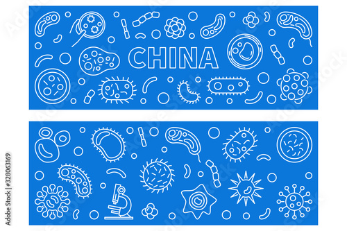 China Viruses vector concept linear horizontal blue banners set