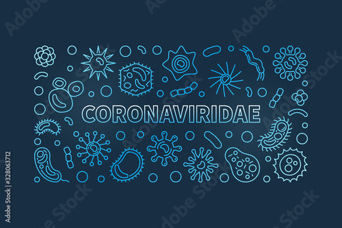 Coronaviridae vector concept linear blue horizontal illustration on dark background