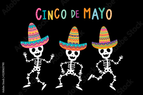 Cinco de mayo greeting card with cute skeleton and colourful hat. Holiday cartoon character. -Vector