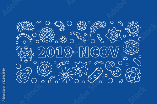 Vector 2019-ncov concept horizontal outline illustration on blue background