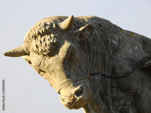 Vintage bull sculpture head isolated on pale sky background