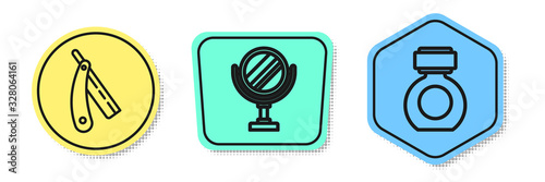 Set line Straight razor, Round makeup mirror and Aftershave. Colored shapes. Vector