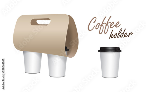 Coffee cup carton holder mock up. Vector paper pack holder mockup. Cardboard coffee cup holder takeaway