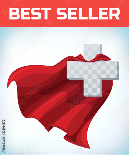 Equilateral cross in hero cape. Doctor super cloak. Pharmacy sign. Health icon. Medicine concept. Health sign. Superhero symbol. Cross care. Healthy idea. Help emblem. Insurance logo. Vector