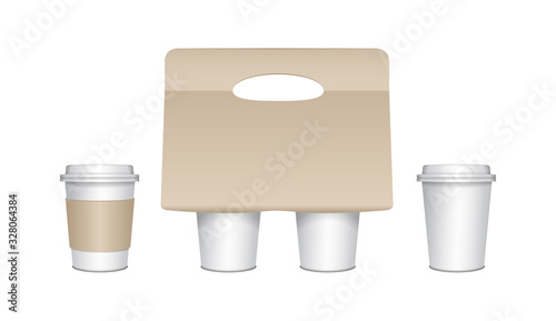 Coffee cup carton holder set with paper cups and plastic caps. Vector paper pack holder mockup. Cardboard coffee cup holder takeaway