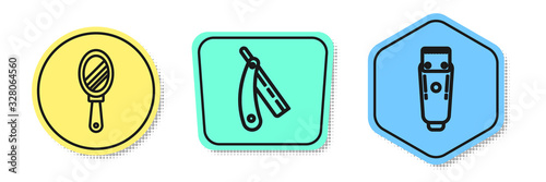 Set line Hand mirror, Straight razor and Electrical hair clipper or shaver. Colored shapes. Vector