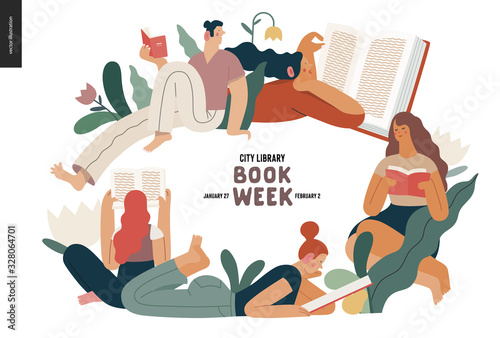 World Book Day graphics -book week events. Modern flat vector concept illustrations of reading people -young men and women reading book sitting and laying down surrounded by plants and blossom flowers