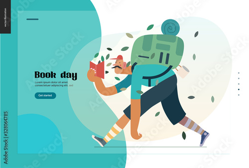Wood webdesign template -world Book Day graphics -book week events. Modern flat vector concept illustrations of reading people -man with mustache, cap, snickers, backpack in the forest reading a book