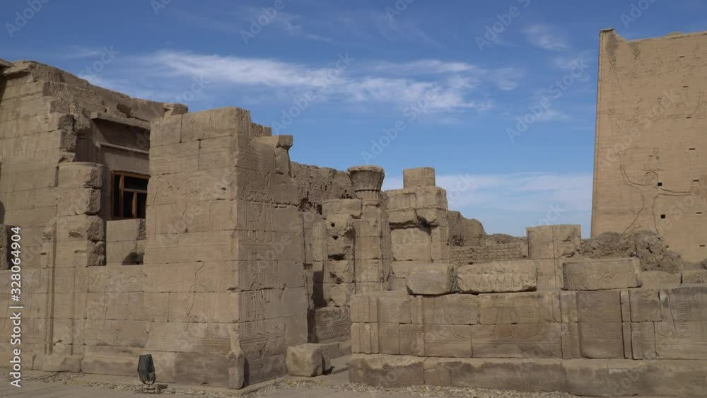 Edfu also spelt Idfu, and known in antiquity as Behdet. Edfu is the site of the Ptolemaic Temple of Horus and an ancient settlement. Egypt. Edfu also spelt Idfu, and known in antiquity as Behdet. Edfu is the site of the Ptolemaic Temple of Horus and an ancient settlement. Egypt.