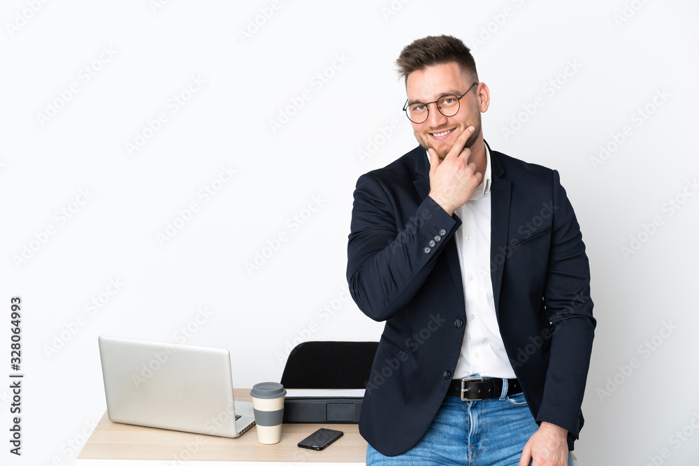 Russian man in a office isolated on white background smiling Russian man in a office isolated on white background smiling