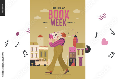 World Book Day poster template -book week events. Modern flat vector concept illustrations -reading people. Red-haired man wearing vinatge outlook walking in town, eating ice cream, reading music book