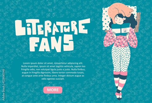 Girl with cat, lies reading book. Literature fan concept vector landing page template