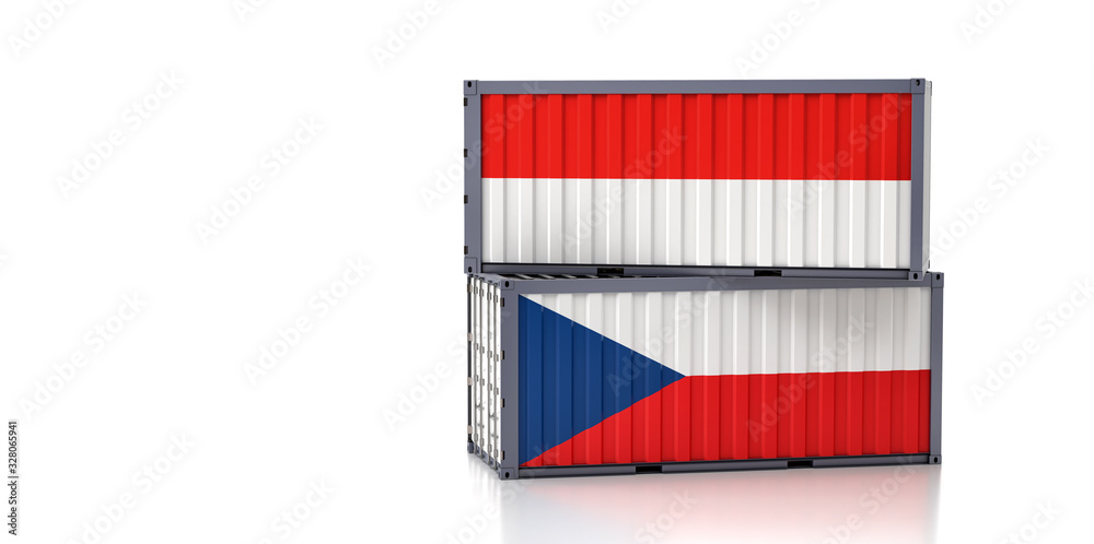 Shipping containers with Czech Republic and Indonesia flag. 3D Rendering Shipping containers with Czech Republic and Indonesia flag. 3D Rendering