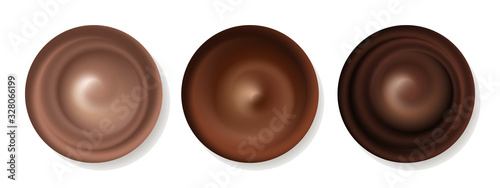 Chocolate swirl, set of isolated spiral splash. Cream flow wavy texture. Vector illustration