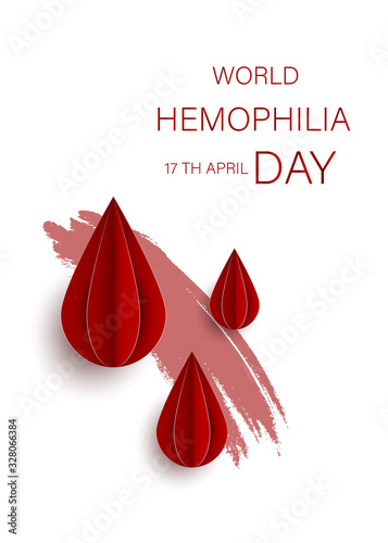 World Hemophilia Day card 17 april. Paper art vector illustration contains red bleeding heart on red background. Medical concept in the care of patients with hemophilia
