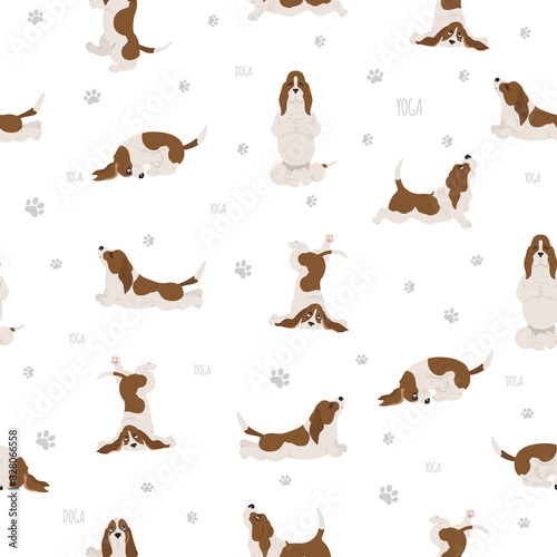 Yoga dogs poses and exercises. Basset hound seamless pattern