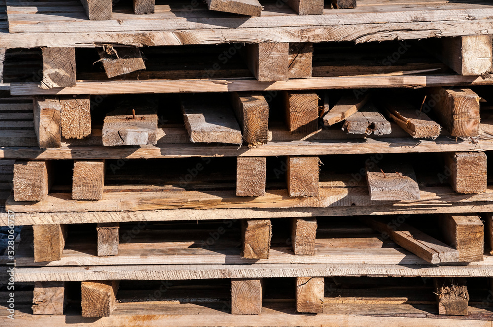 Closeup of stack of wooden pallets