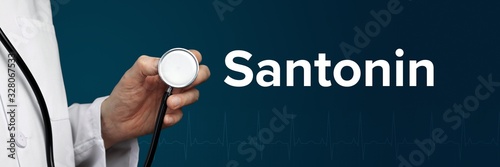 Santonin. Doctor in smock holds stethoscope. The word Santonin is next to it. Symbol of medicine, illness, health photo