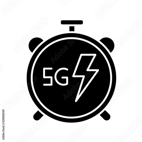 5G stopwatch black glyph icon. High performance. Low latency connection. Cellular network. Quick data transmission. Wireless technology. Silhouette symbol on white space. Vector isolated illustration