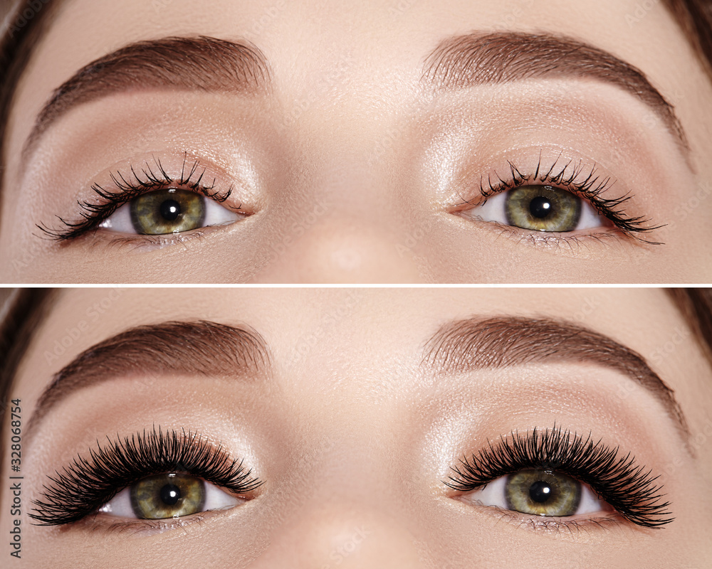 Naklejka premium Commercial beauty college of before and after eyelash extensions. Perfect shape of eyebrows, extreme long eyelashes