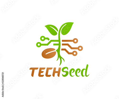 Technology and innovation in agriculture, logo design. Plant and seed in electrical circuit, vector design and illustration