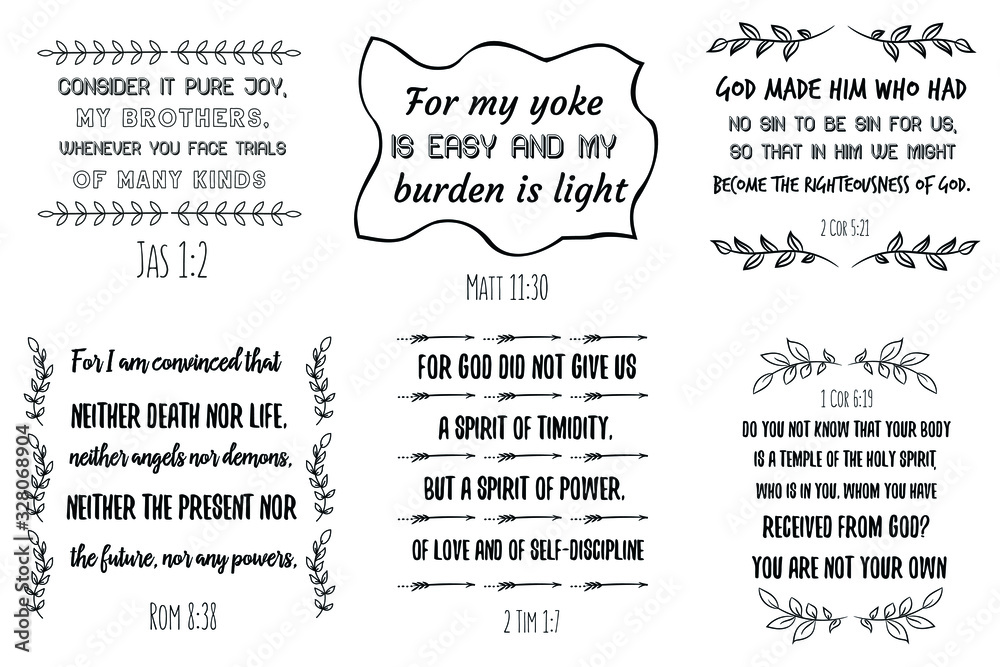 Set of Calligraphy sayings for print. Vector Quotes. Scripture Bible verses