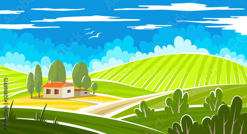 Summer beautiful landscape with farmhouse.