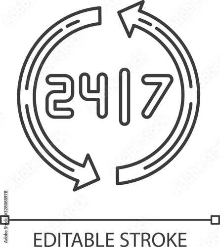 Open around the clock pixel perfect linear icon. 24 7 hour service. Open store. Circular arrows. Thin line customizable illustration. Contour symbol. Vector isolated outline drawing. Editable stroke
