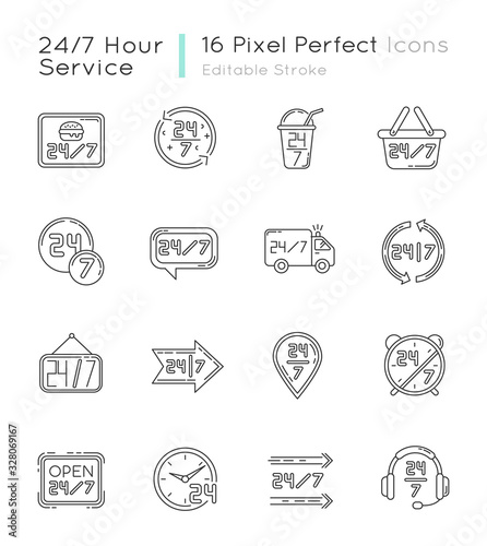 24 7 hour service pixel perfect linear icons set. Burger cafe open all day. 24 hrs available delivery. Customizable thin line contour symbols. Isolated vector outline illustrations. Editable stroke