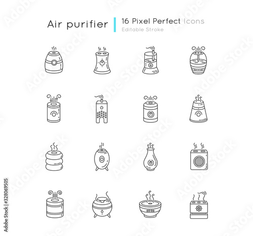 Air purifiers, humidifiers, ionizers pixel perfect linear icons set. Climate control devices. Customizable thin line contour symbols. Isolated vector outline illustrations. Editable stroke