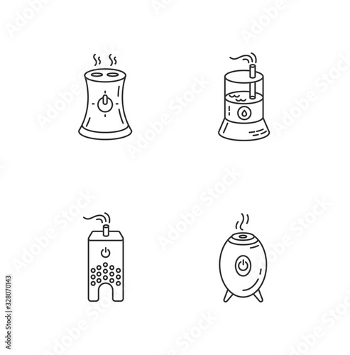 Water evaporators RGB pixel perfect linear icons set. Air humidifiers, humidity level regulators. Customizable thin line contour symbols. Isolated vector outline illustrations. Editable stroke