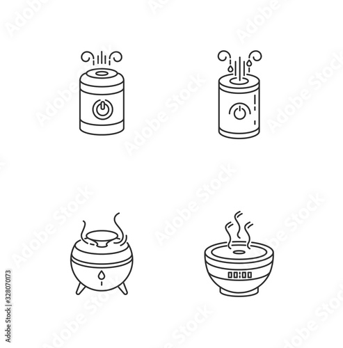 Air humidifiers, oil diffusers RGB pixel perfect linear icons set. Minimalistic air purifiers. Customizable thin line contour symbols. Isolated vector outline illustrations. Editable stroke