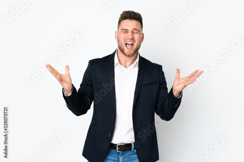 Φωτογραφία Young Russian business man isolated on white background unhappy and frustrated w