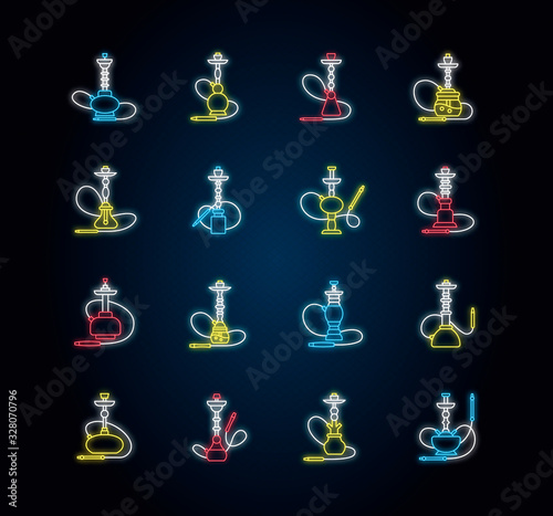 Hookah neon light icons set. Sheesha bar. Hooka accessories. Smoke area. Vapor, vaping. Tobacco option. Arabic lounge. Signs with outer glowing effect. Vector isolated RGB color illustrations