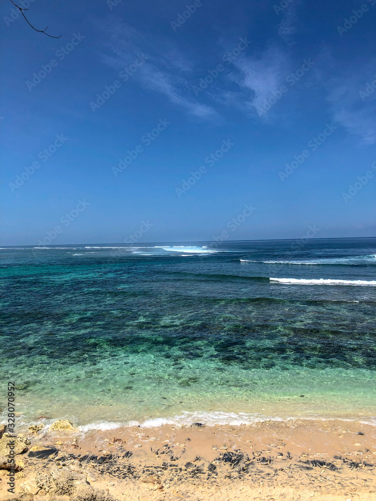 Bali, Indonesia - 28 April 2019 : Green Bowl Beach sea view.