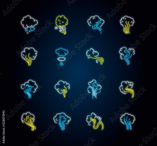 Odor neon light icons set. Emission, evaporation. Smell for hookah. Aroma from cannabis. Cigarette stream. Stink, fog. Signs with outer glowing effect. Vector isolated RGB color illustrations photo