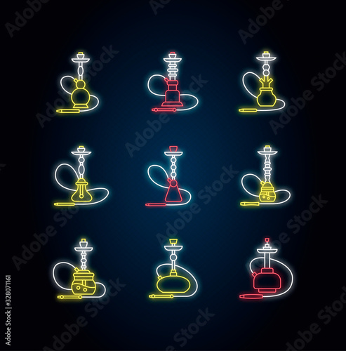 Hookah neon light icons set. Shisha with wire. Sheesha house. Nargile lounge. Odor from pipe. Scent of vaporizing. Smoking area. Signs with outer glowing effect. Vector isolated RGB color illustration