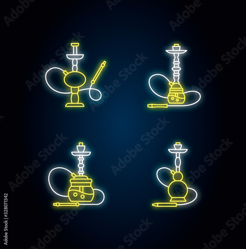 Hookah neon light icons set. Hooka bar for peaceful leisure. Sheesha house. Nargile lounge. Odor from pipe. Scent of vaporizing. Signs with outer glowing effect. Vector isolated RGB color illustration