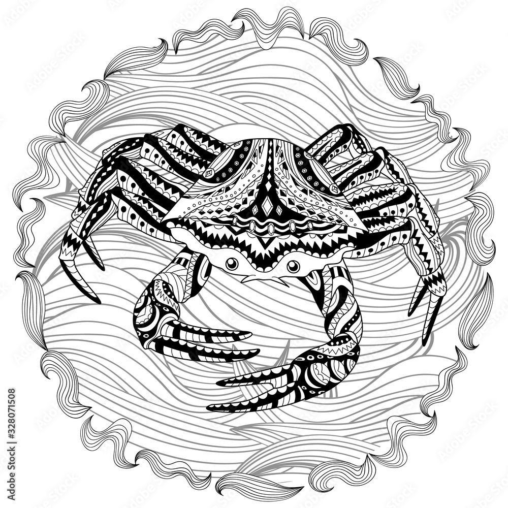 Antistress coloring page for adults with sea crab. Black white hand